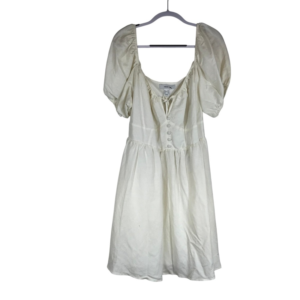 Forever 21 Women 2X Cream Linen Blend Puff Sleeve‎ Milkmaid Mini Dress